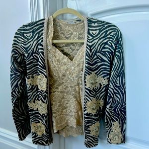 Custom made lace beaded cami with lightweight sweater with appliques